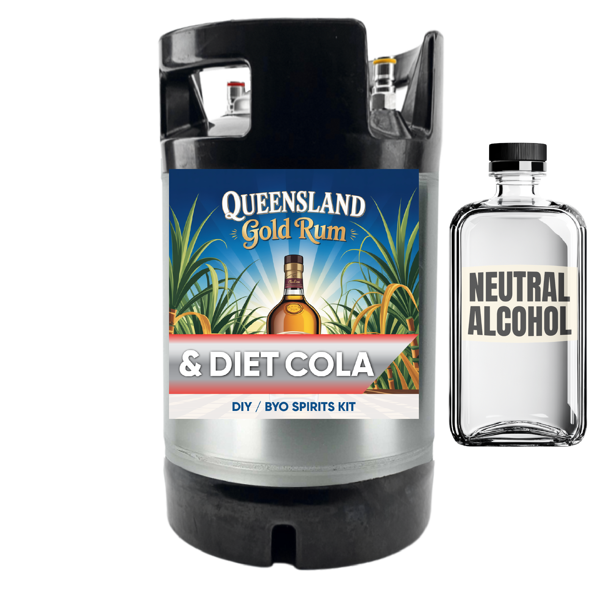 Queensland Gold Rum & Diet Cola keg with a bottle of neutral alcohol on a white background