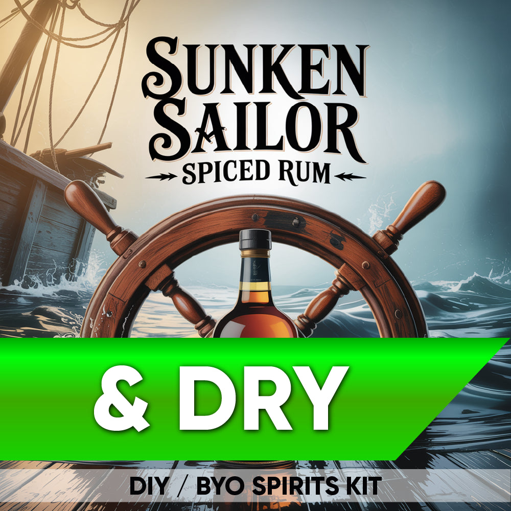 Sunken Sailor Spiced Rum bottle with ship wheel and ship in the background, labeled as a DIY/BYO Spirits Kit.