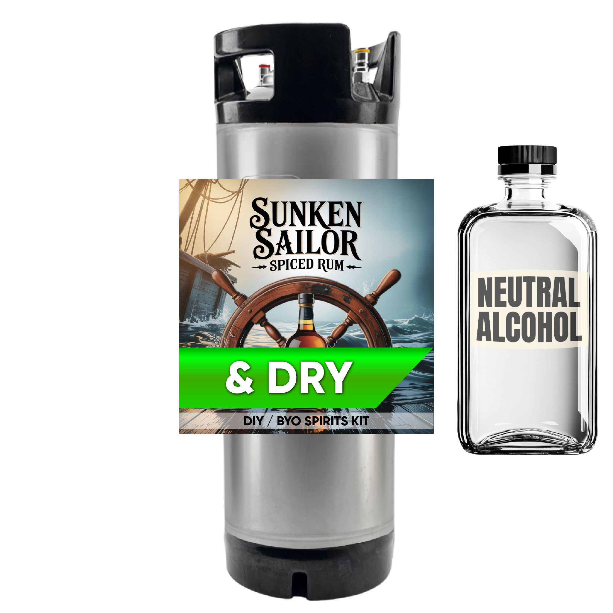Sunken Sailor spiced rum kit with a neutral alcohol bottle on a white background