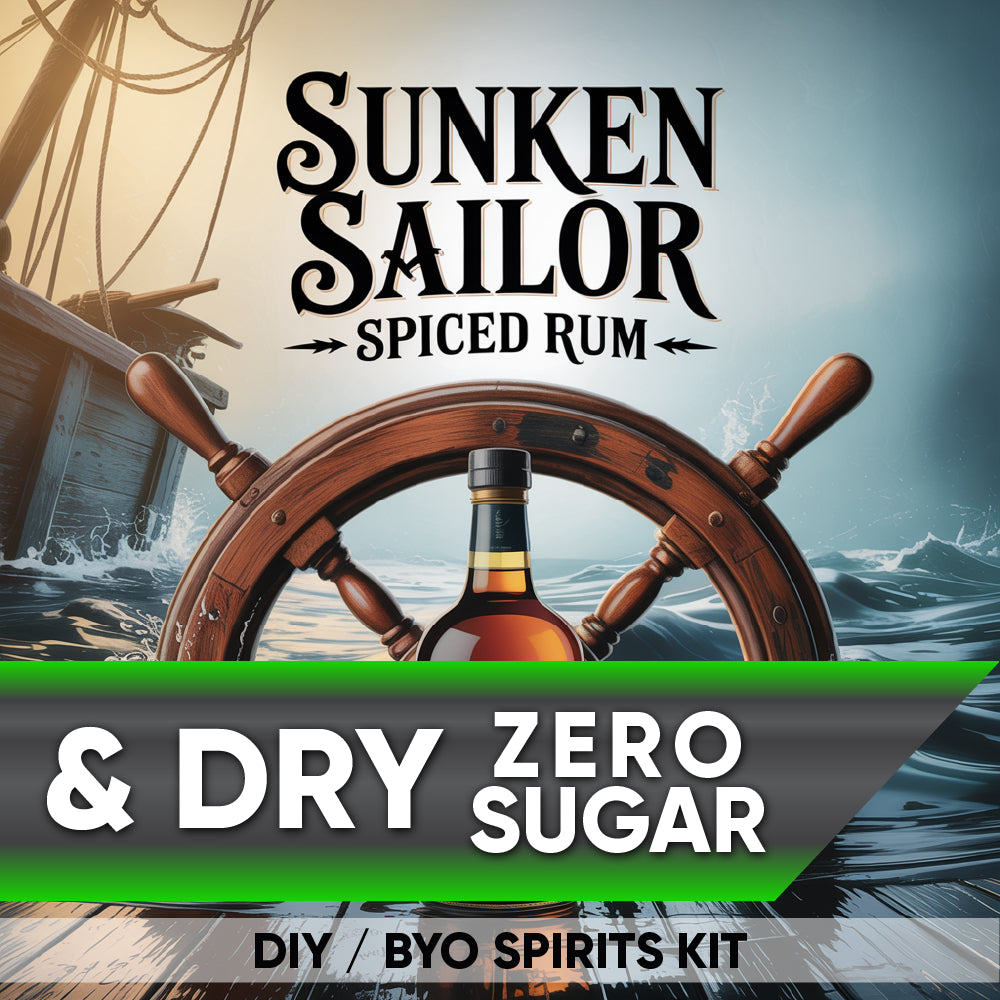 Sunken Sailor Spiced Rum bottle with a ship's wheel and ocean background