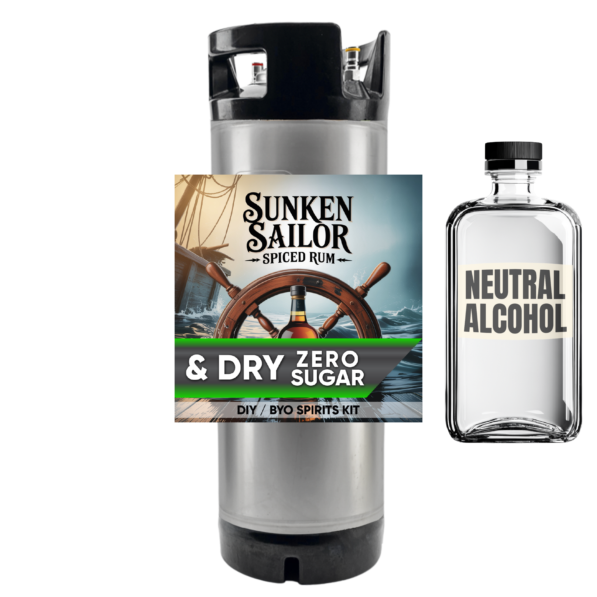 Sunken Sailor Spiced Rum kit with a neutral alcohol bottle on a white background