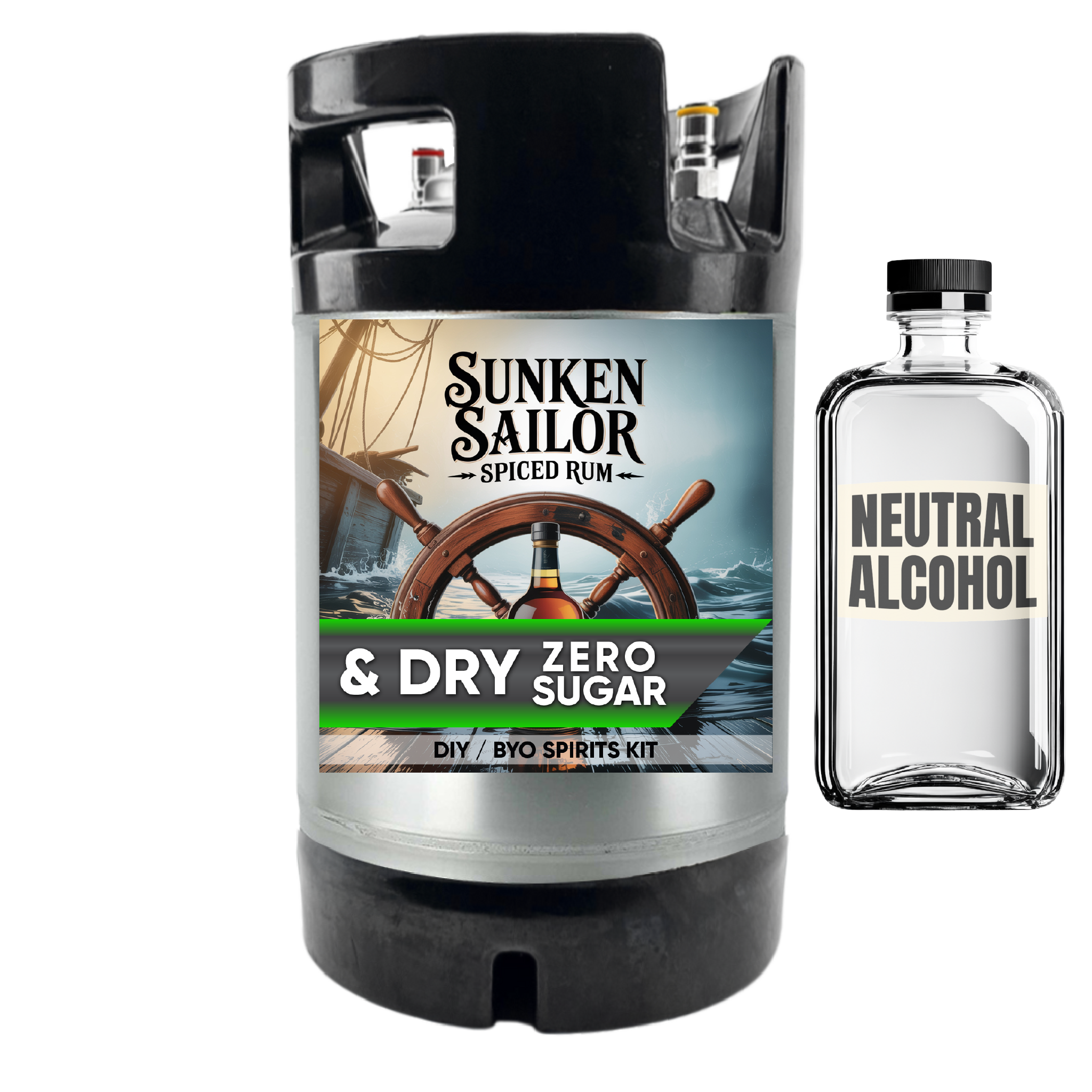 Sunken Sailor Spiced Rum keg and bottle of neutral alcohol on a white background