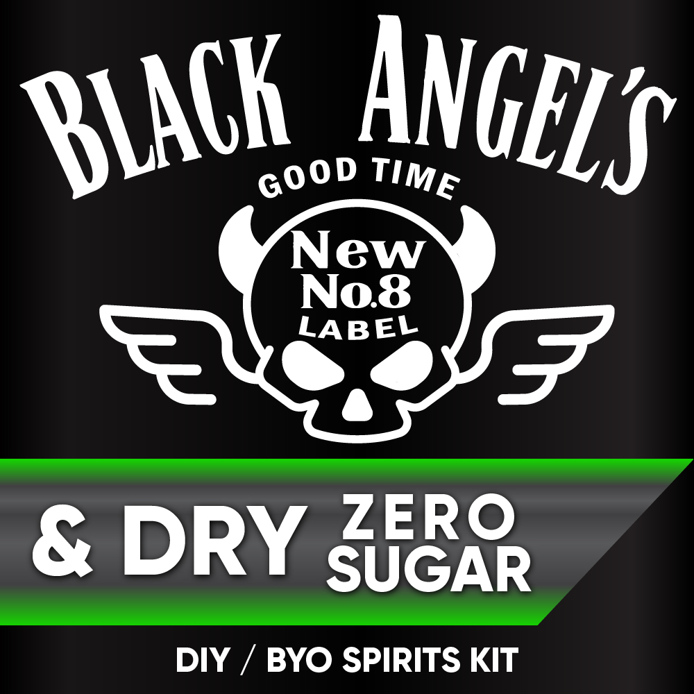 Black Angel's New No.8 Label spirits kit packaging with skull design and text.