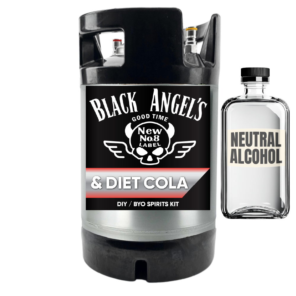 Black Angel's Tennessee Bourbon and Coke DIY BYO Spirits Kit  with a small bottle of neutral alcohol on a white background