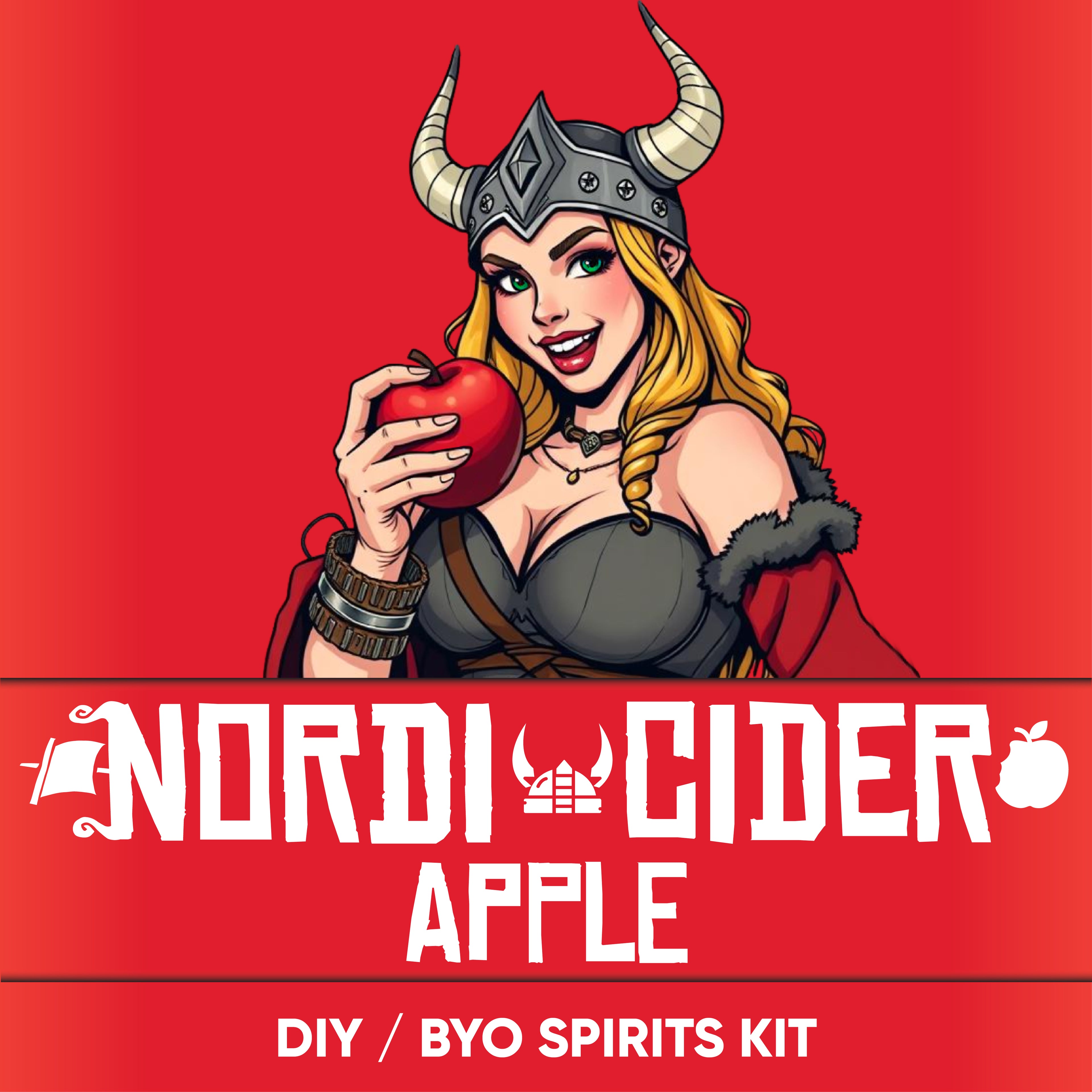 Viking woman holding an apple with 'Nordic Cider Apple' branding on a red background