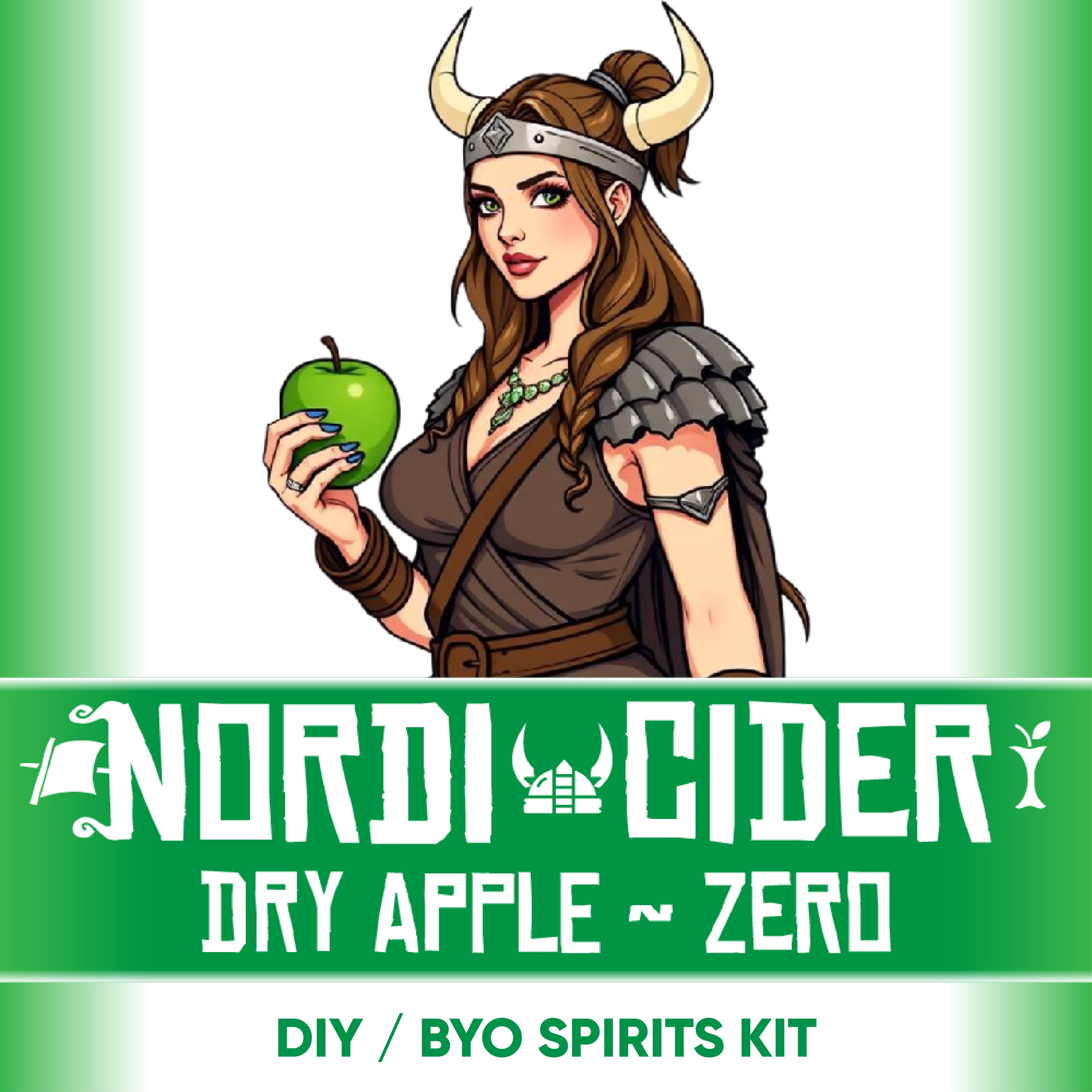 Cartoon Viking woman holding an apple with 'Nordic Cider' branding on a green background
