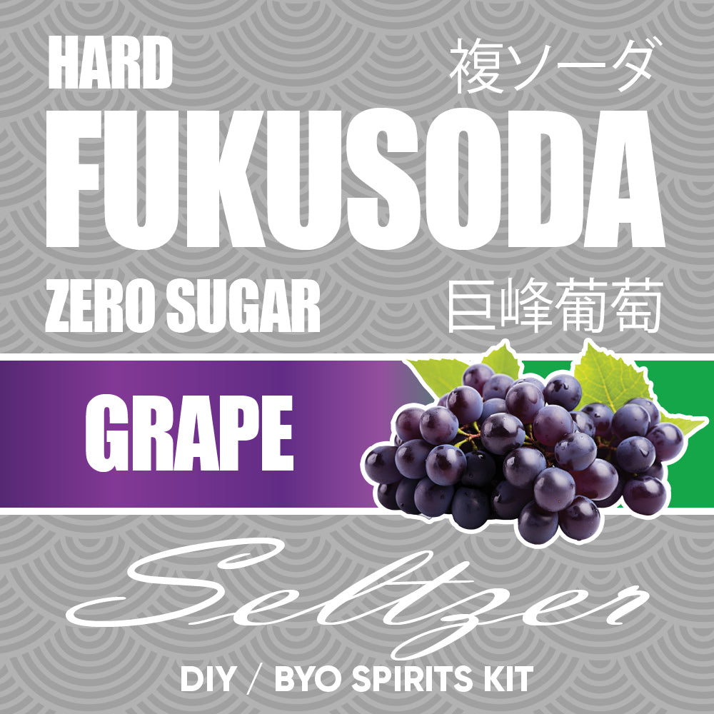 Promotional graphic for a hard grape  seltzer kit with geometric background