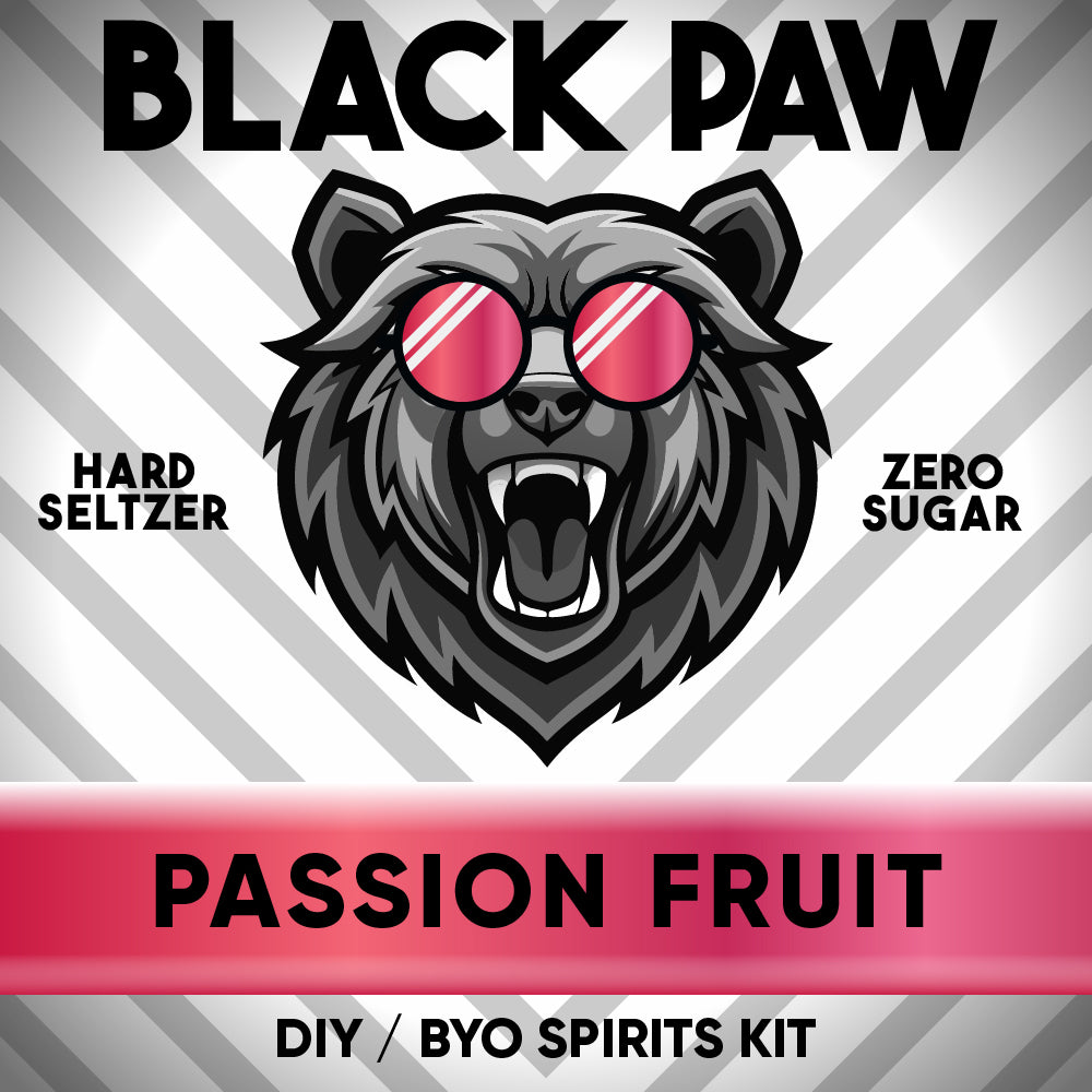 Black Paw Hard Seltzer Passion Fruit DIY/BYO Spirits Kit label with a black and white logo of a paw.