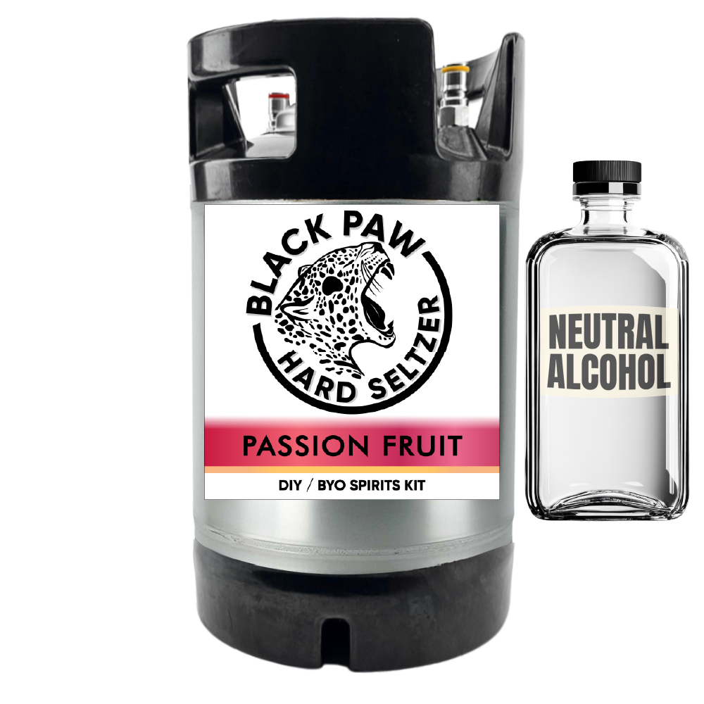 Black Paw Hard Seltzer passion fruit DIY BYO spirits kit with a bottle of neutral alcohol on a white background.
