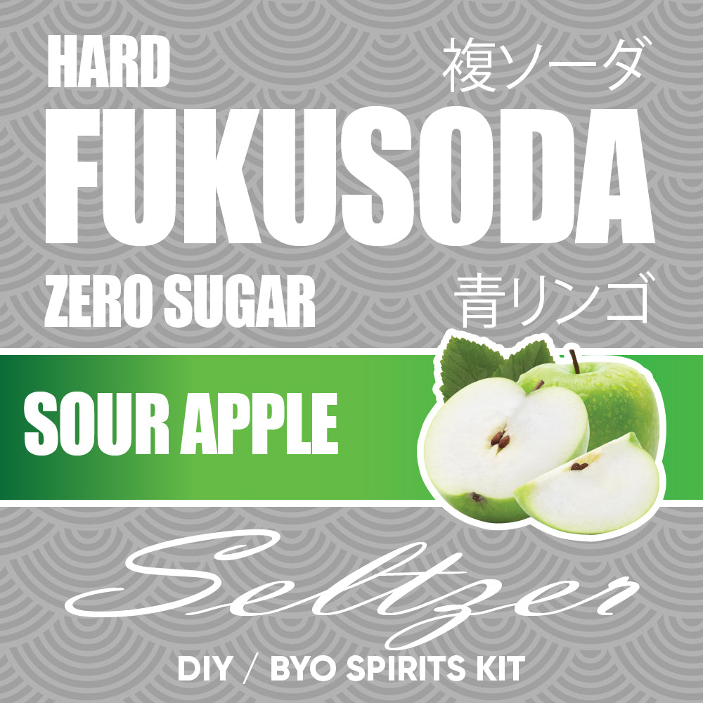 Promotional graphic for a sour apple zero sugar spirits kit with green text and an image of a sliced apple.