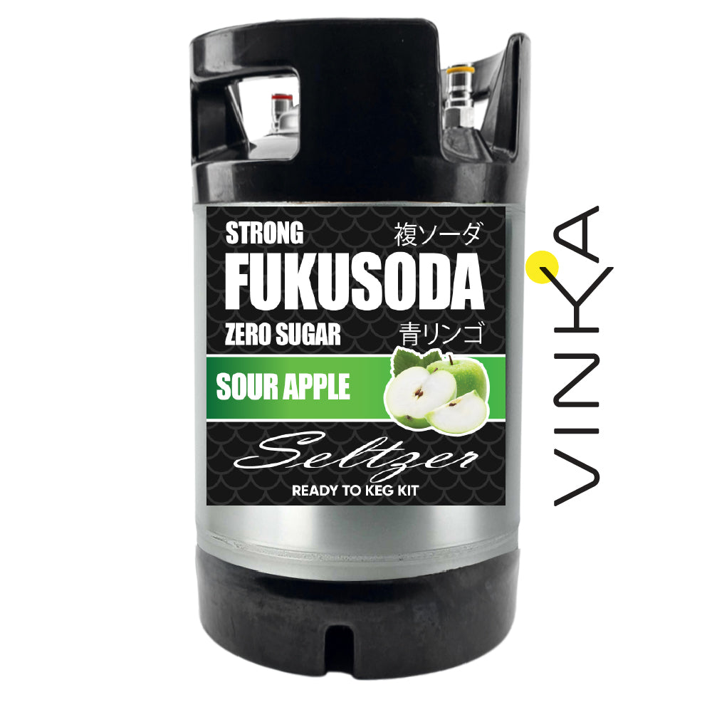 Fukusoda sour apple seltzer keg kit with Vinka branding on a white background