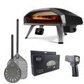 Ooni Koda 2 Pro 18" Pizza Oven with accessories including pizza peel, spinner peel, infrared thermometer and waterproof cover.