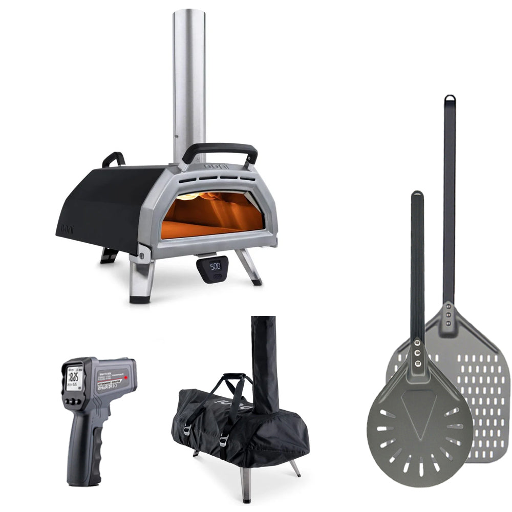 Ooni Karu 16 Pizza Oven including a waterproof carry cover, infrared thermometer gun, 14 inch pizza peel and spinner peel.