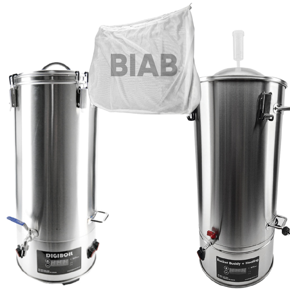 Two stainless steel brewing and fermenting vessel with a 'BIAB' bag between them on a white background.