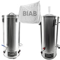 Two stainless steel brewing and fermenting vessel with a 'BIAB' bag between them on a white background.