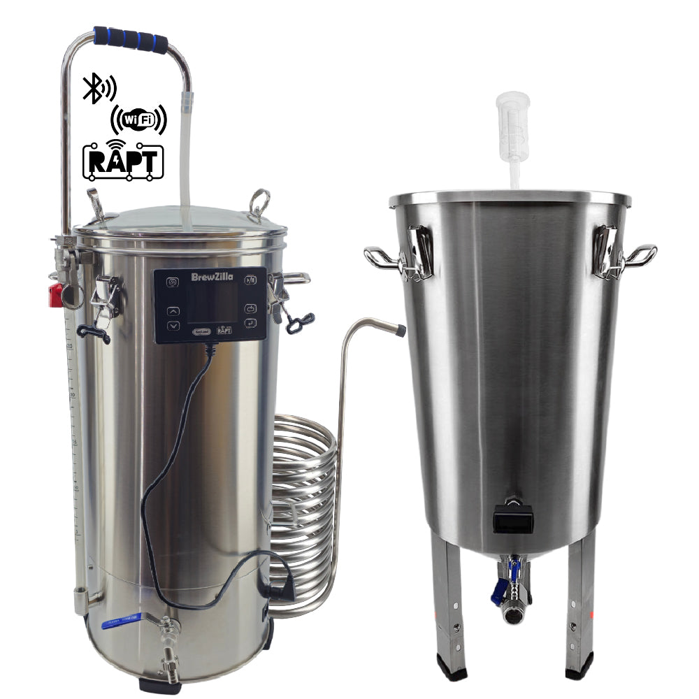 BrewZilla Gen4 next to a 32L Stainless Steel Conical Gravity Fermenter.