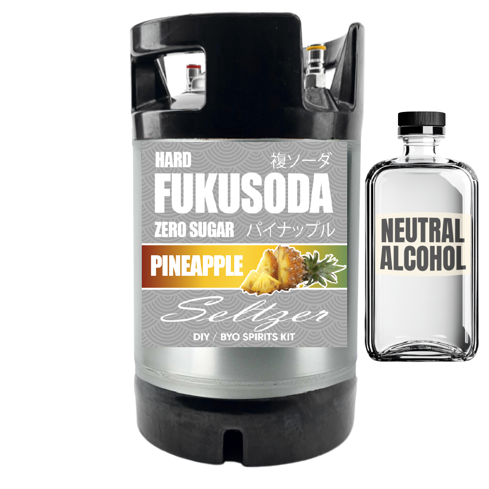 Keg labeled 'Hard Köketsu Pineapple Zero Sugar' and a bottle labeled 'Neutral Alcohol' on a white background.