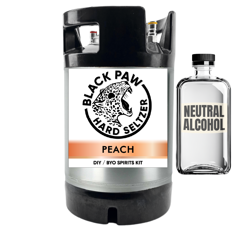 Black Paw Hard Seltzer peach DIY BYO spirits kit with a bottle of neutral alcohol on a white background