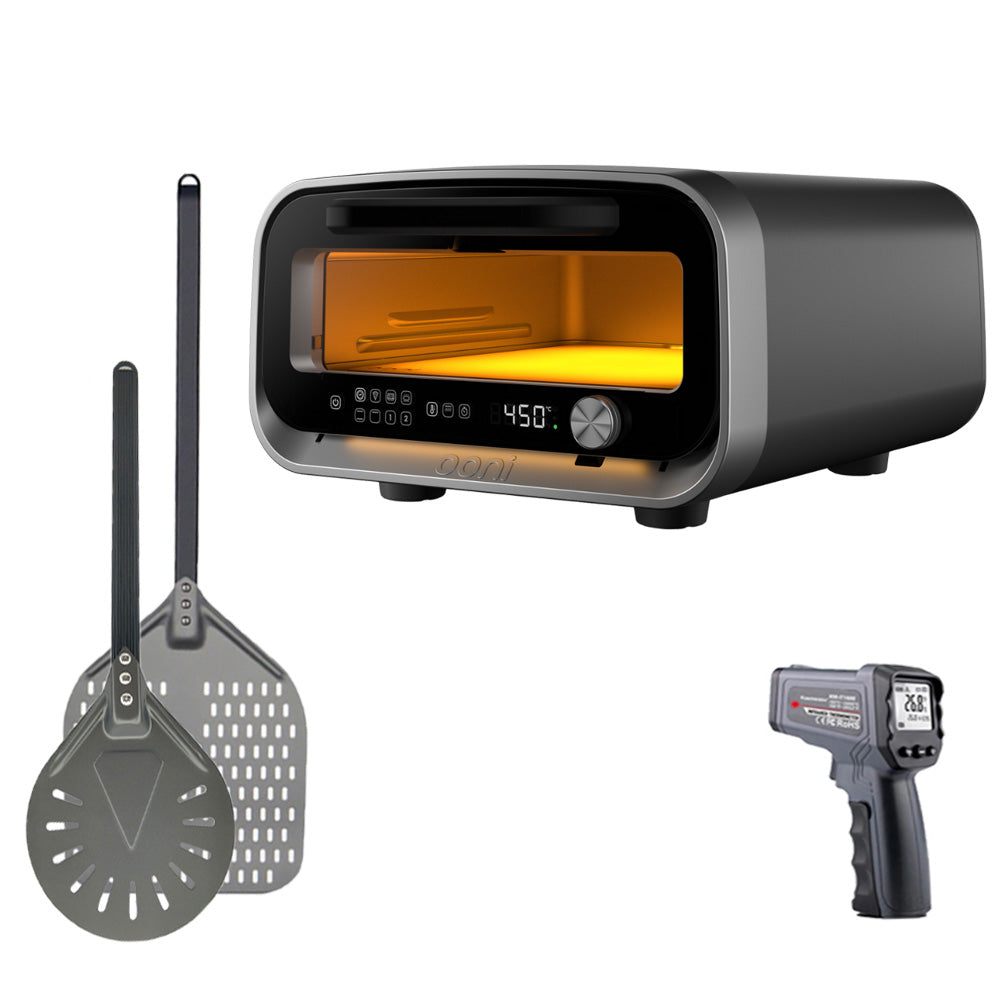 Ooni Volt 2 Pizza Oven with 12 inch pizza peel, 8 inch spinner peel and infrared thermometer.