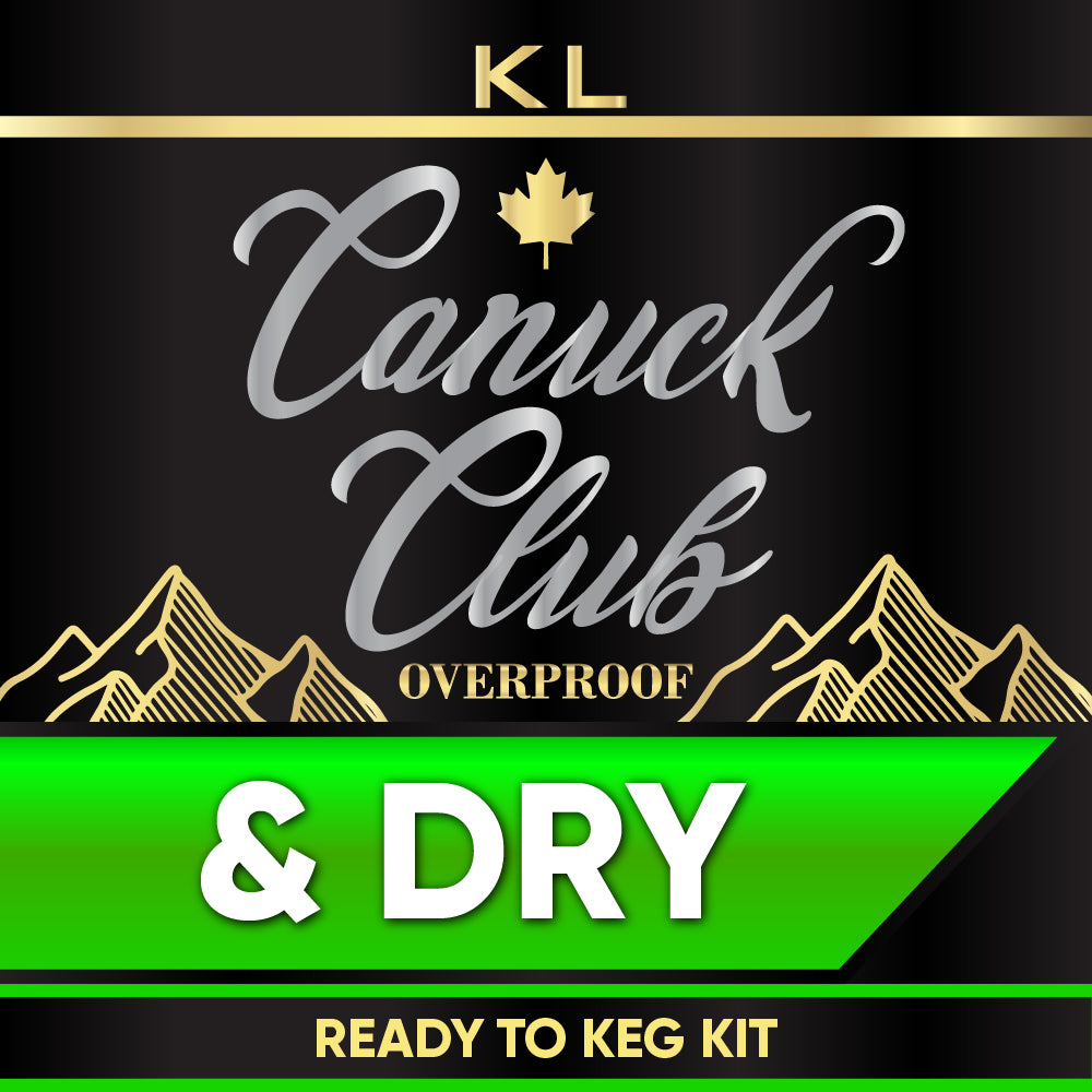 Canuck Club Overproof & Dry Ready to Keg Kit label with mountains and gold accents on a black background.