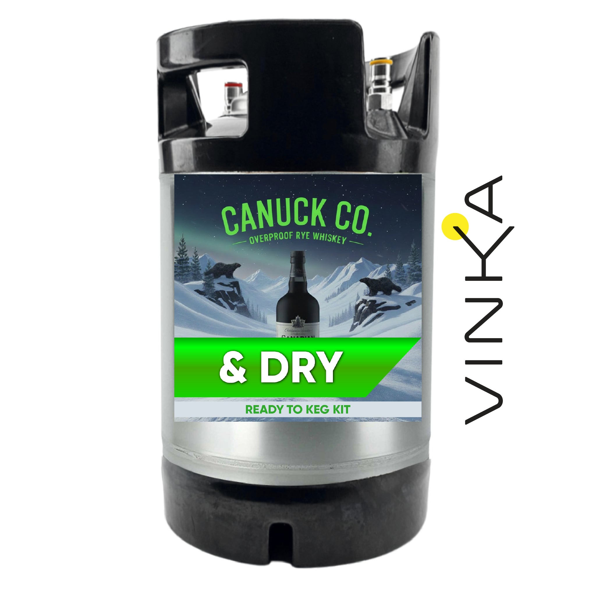 Canuck Co. whiskey keg kit with Vinka branding on a white background