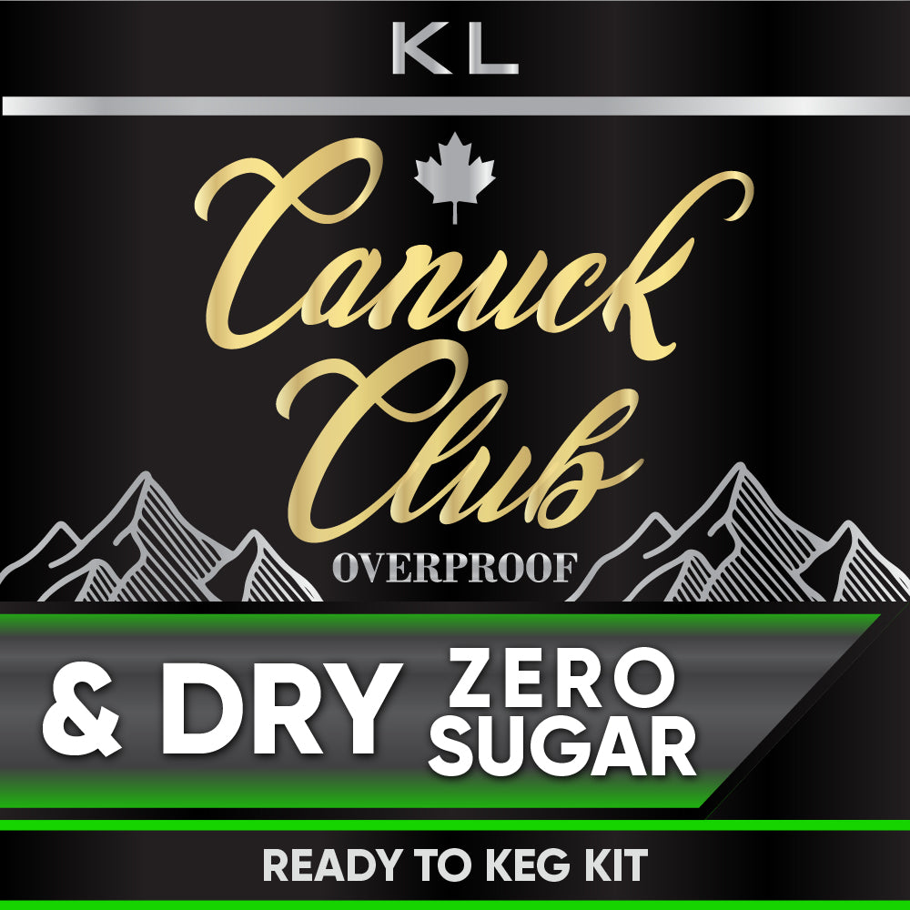 Canuck Club Overproof & Dry Zero Sugar Ready to Keg Kit packaging with mountains and KL logo.