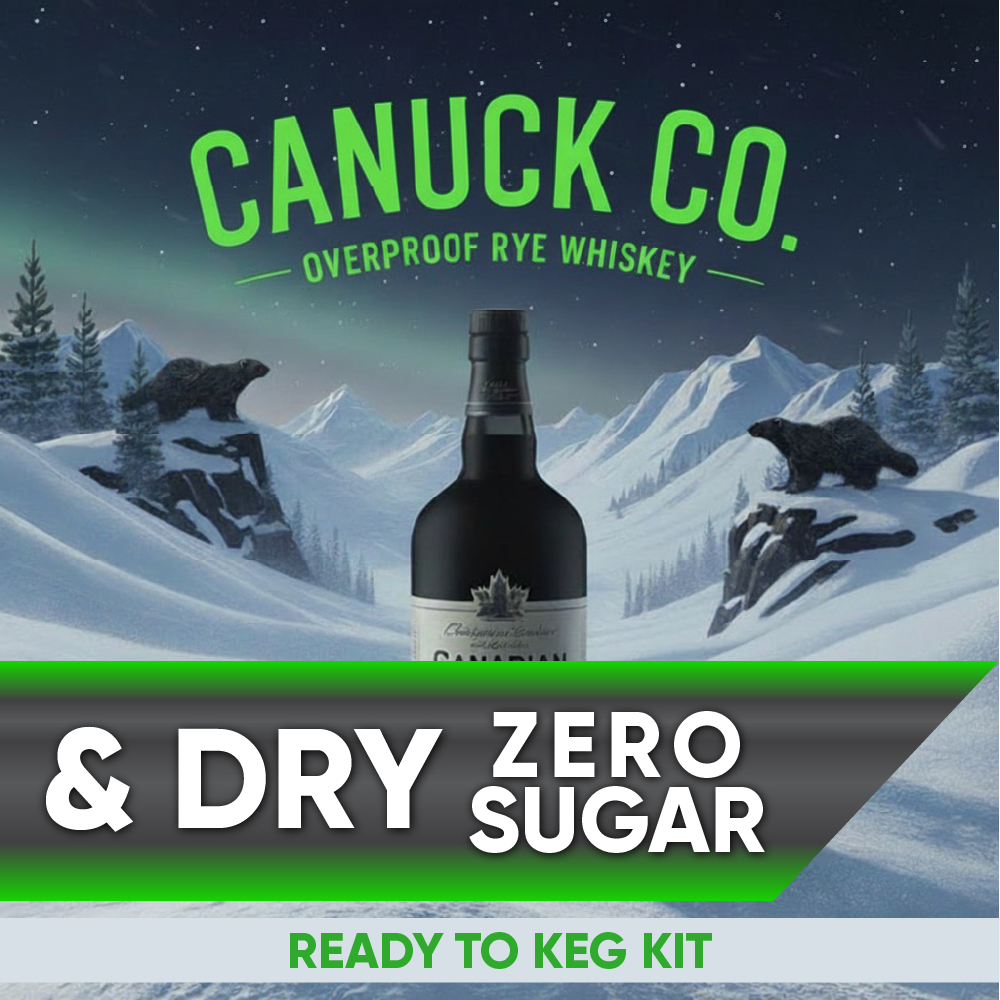 Bottle of Canuck Co. overproof rye whiskey with snowy mountain and bear background