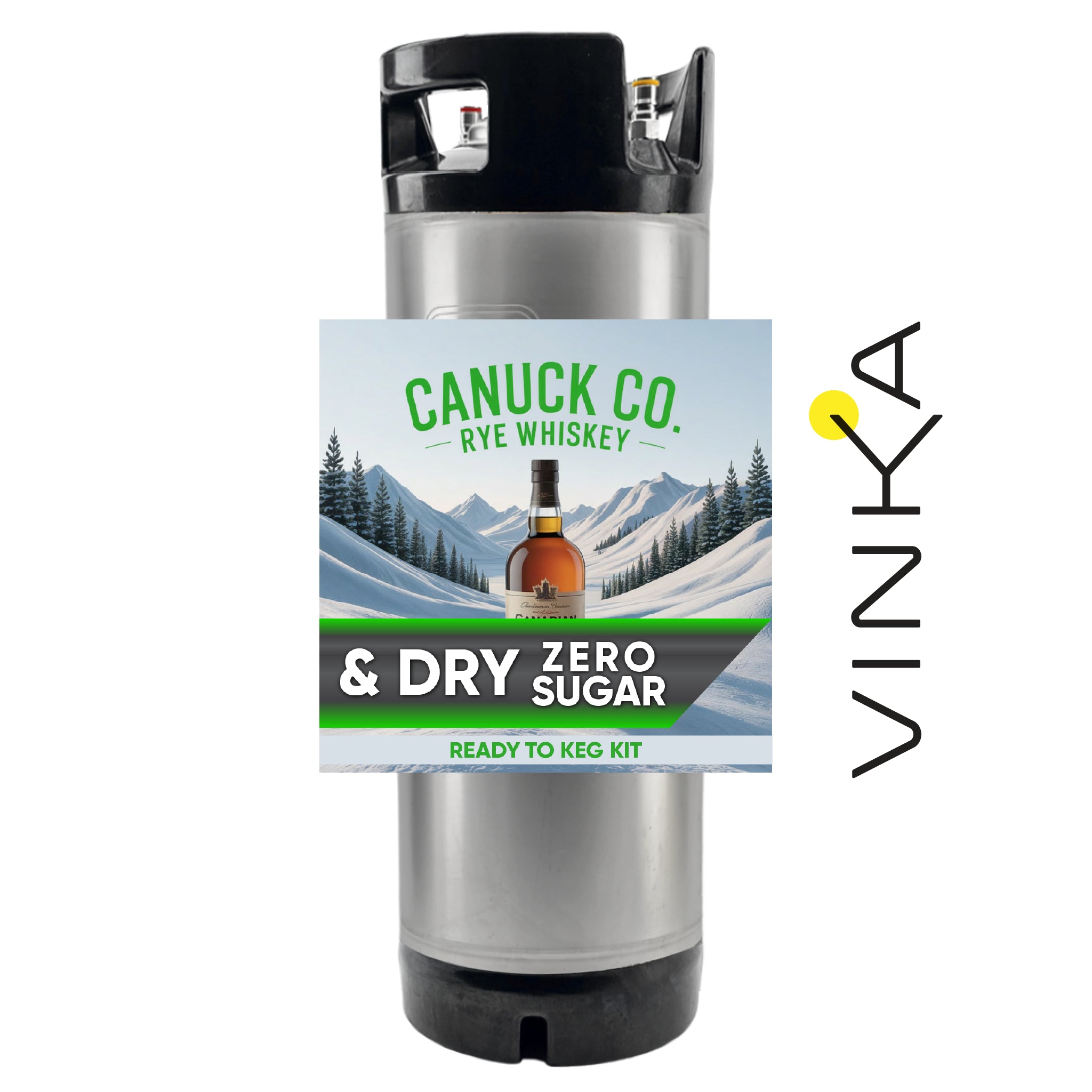 Canuck Co. Rye Whiskey & Dry Zero Sugar ready-to-keg kit with Vinka branding on a white background