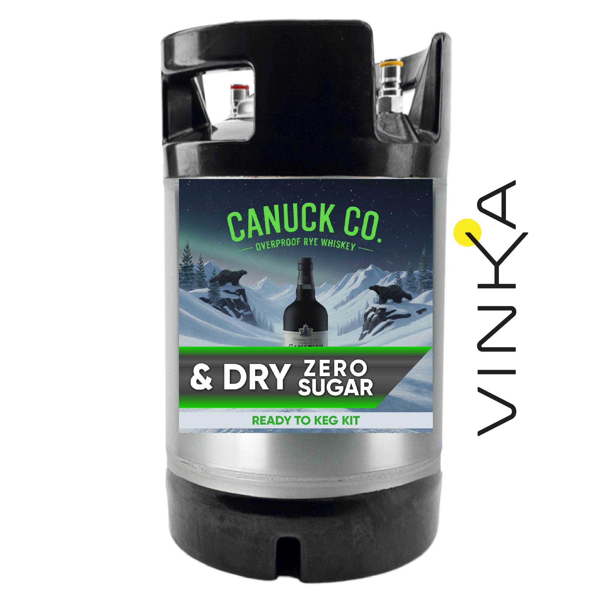 Canuck Co. & Dry Zero Sugar whiskey keg kit with Vinka branding on a white background