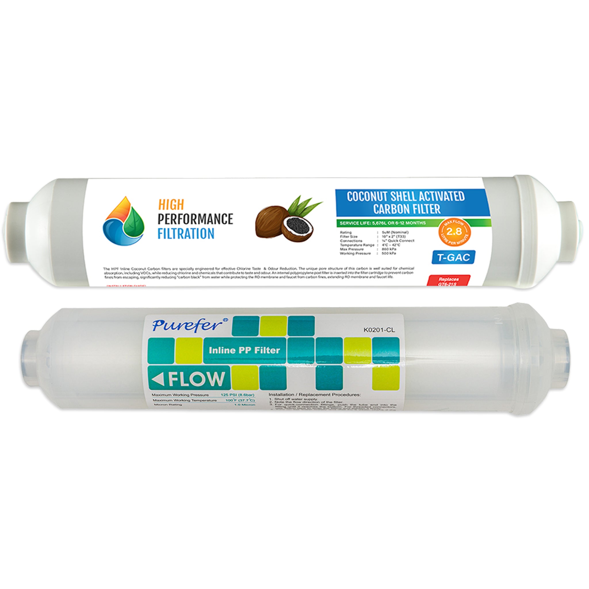 Replacement High Performance Filtration Cocconut Shell Activated Carbon Filter and Purefer Inline PP Filter for the 3 Stage RO system for brewing GT1-70B