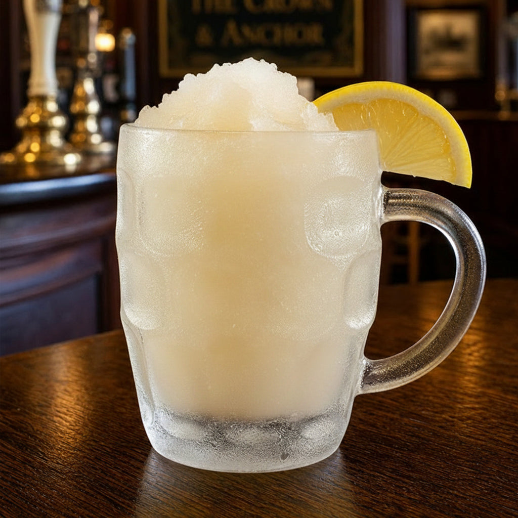 Classic Frozen Lemon Pub Squash Slushy Classic in a glass.