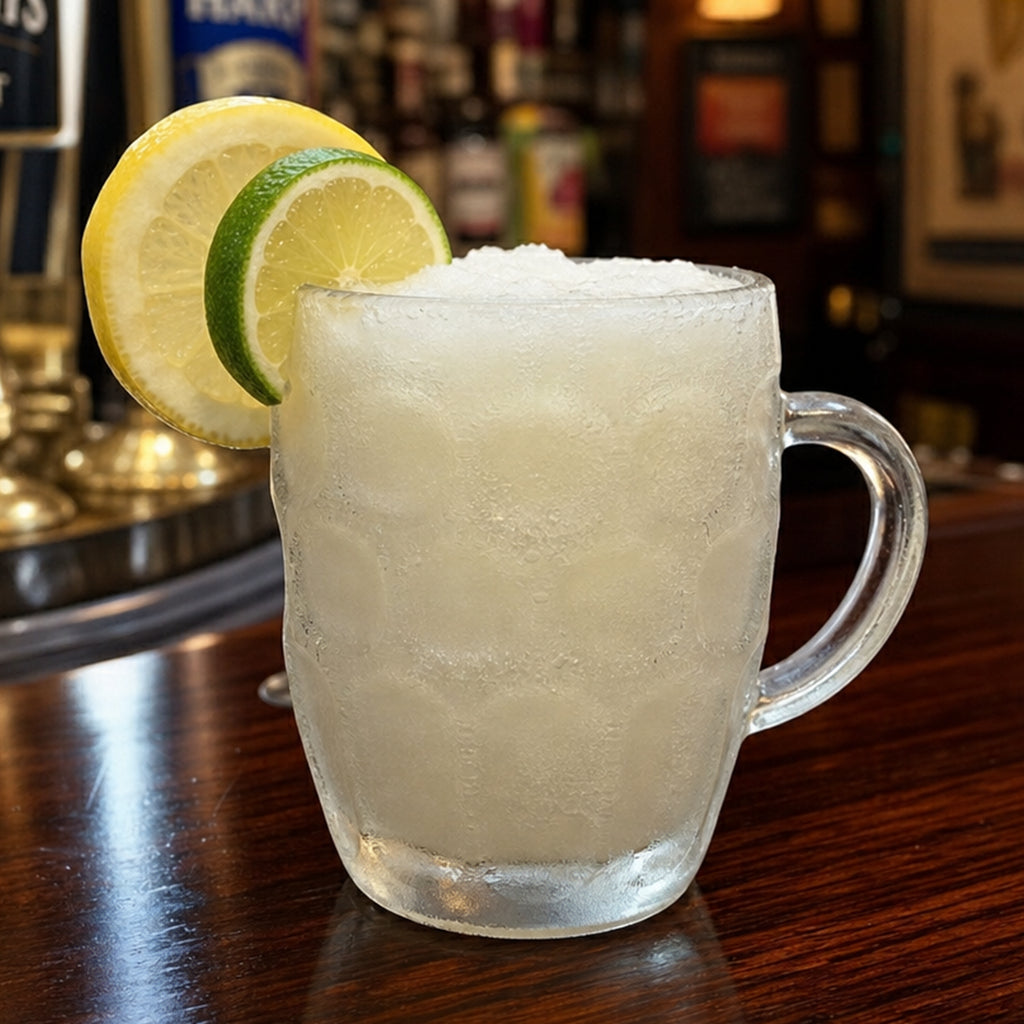 A frosted clear glass mug filled with a light yellow cocktail, garnished with two lemon slices on a dark wooden bar counter with blurred bottles in the background.