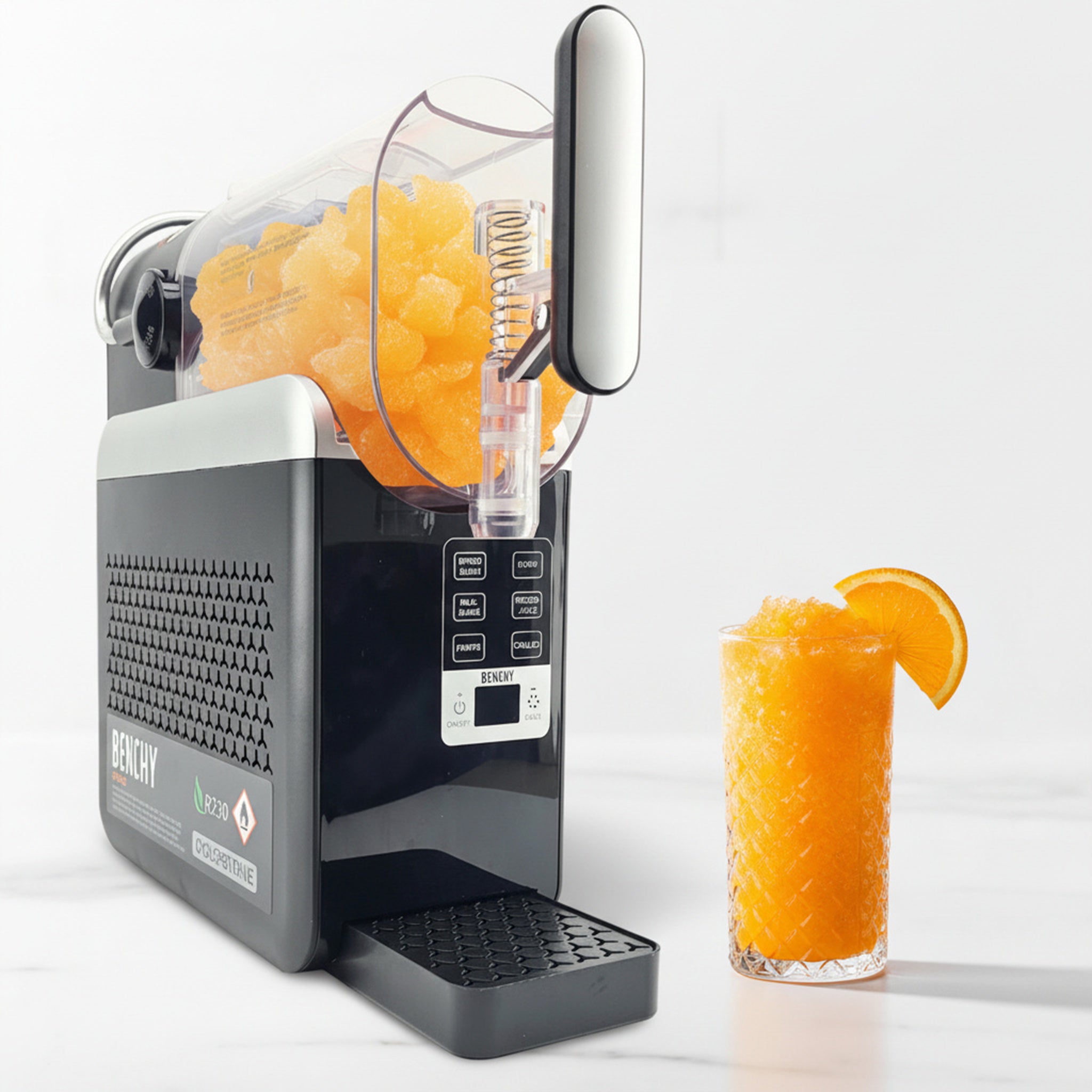 A Benchy Slushy Machine filled with Orange Soda Mixer by VINKA.