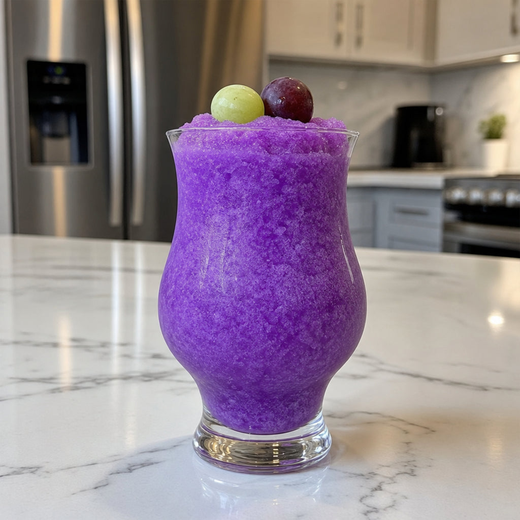 A purple frozen drink in a clear stemmed glass, topped with a green grape and a dark grape, sitting on a white marble kitchen counter with a blurred stainless steel refrigerator in the background.