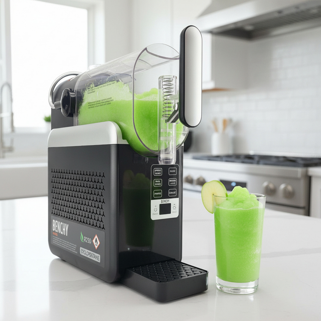 A countertop beverage preparation machine in a bright kitchen setting, shown with a green slushie in a glass with a lime wedge. The machine is black and white with a clear hopper and visible branding on the front panel.
