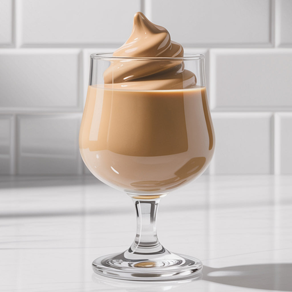 Glass filled with a creamy brown dessert against a white tiled wall.