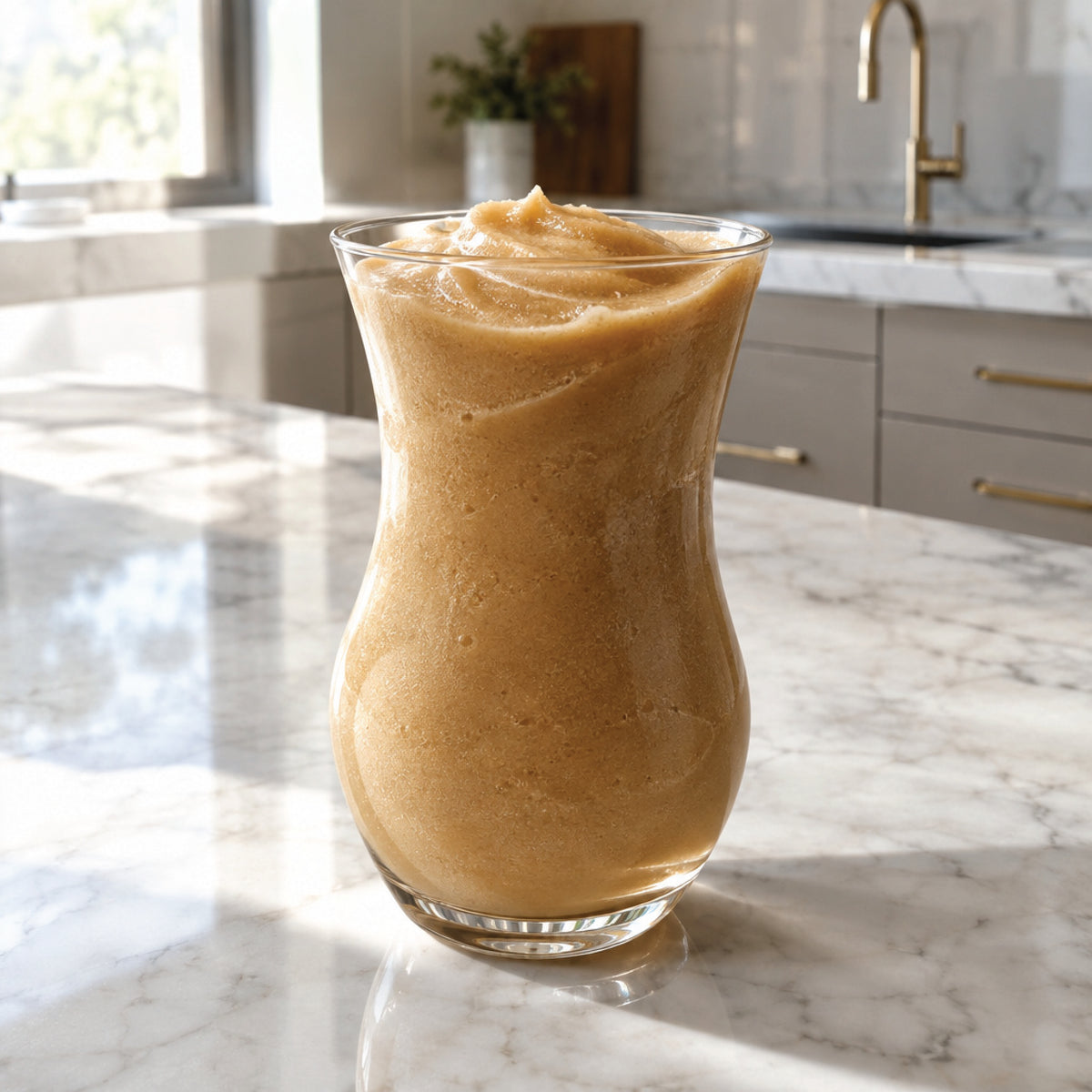 A tall, flared clear glass filled with a thick, creamy tan-brown smoothie or frozen dessert, set on a white marble kitchen countertop with a blurred kitchen background.