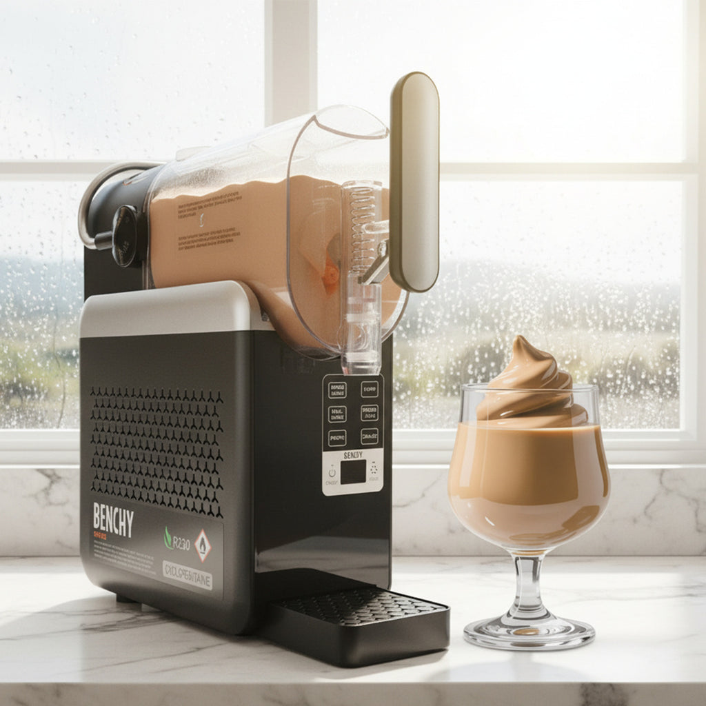 A Benchy slushy machine in black and silver sits on a marble countertop next to a glass of irish cream slushy in front of a softly blurred window.