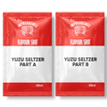 Two red and white packages labeled 'Yuzu Seltzer Part A' and 'Yuzu Seltzer Part B' on a white background.