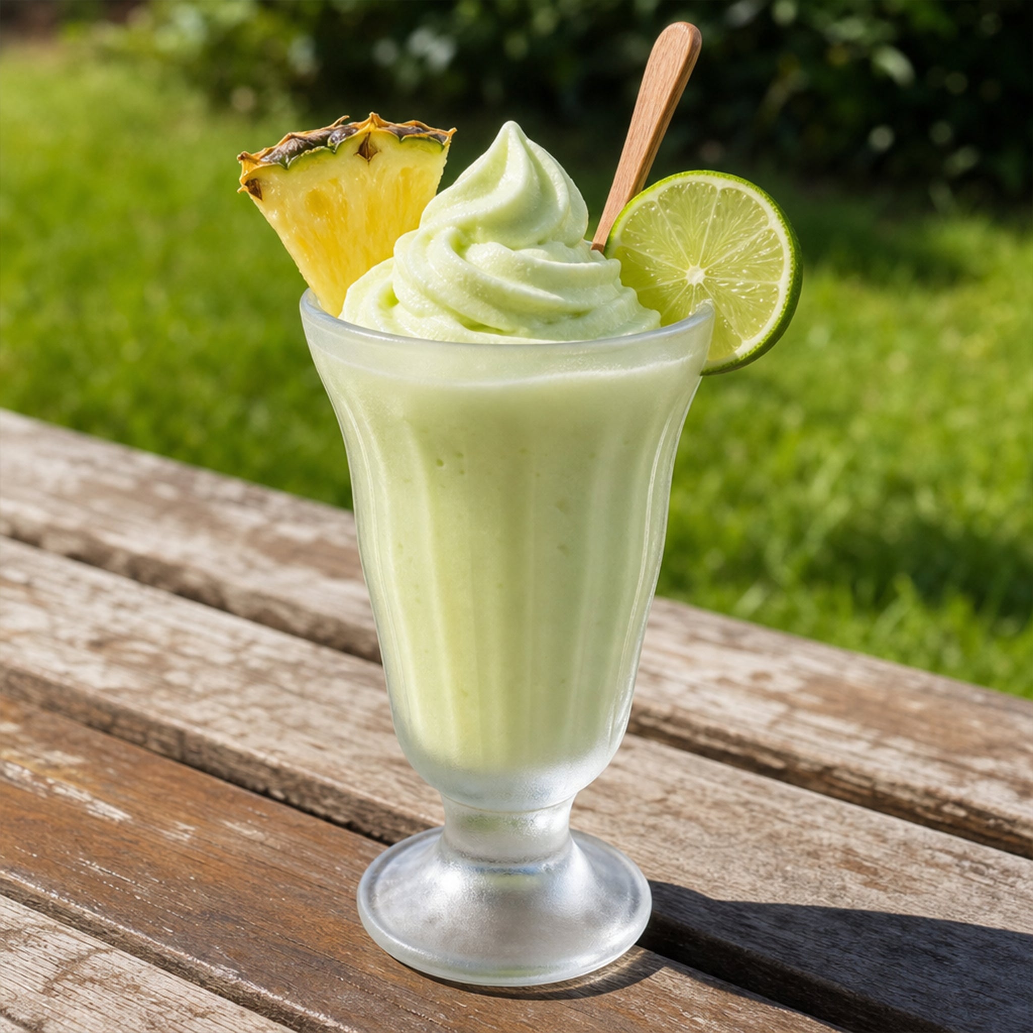 A light green iced drink in a clear fluted glass on a wooden table outdoors, topped with whipped cream, a lime wheel, a pineapple slice, and a wooden spoon, with a blurred green lawn in the background.