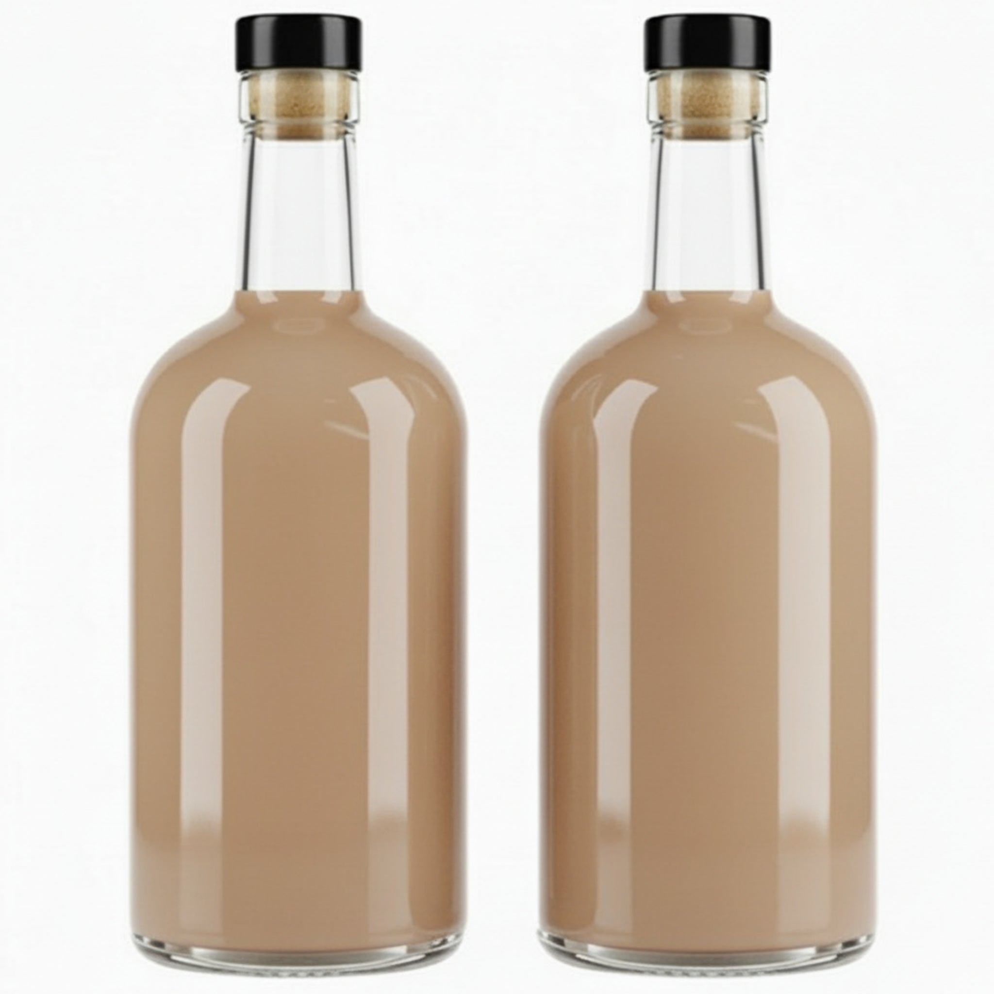 Two Clear Glass Spirit Bottles filled with Irish Cream Liqueur