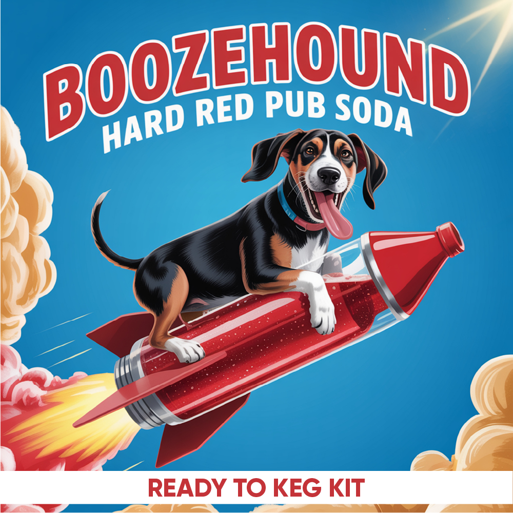 Dog on a rocket with 'Boozehound Hard Red Pub Soda' branding against a blue background
