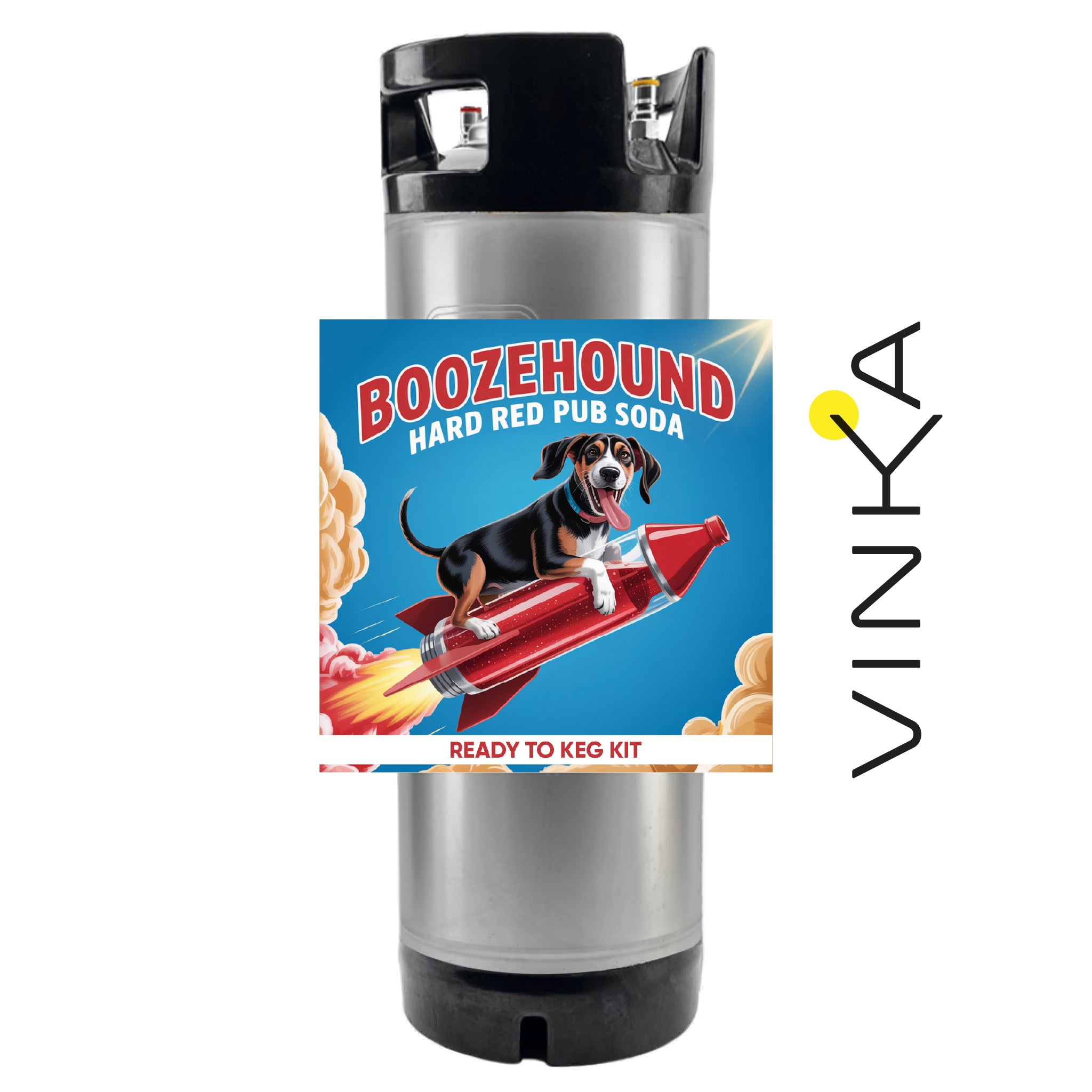 Boozehound hard red pub soda ready to keg kit with Vinka branding on a white background