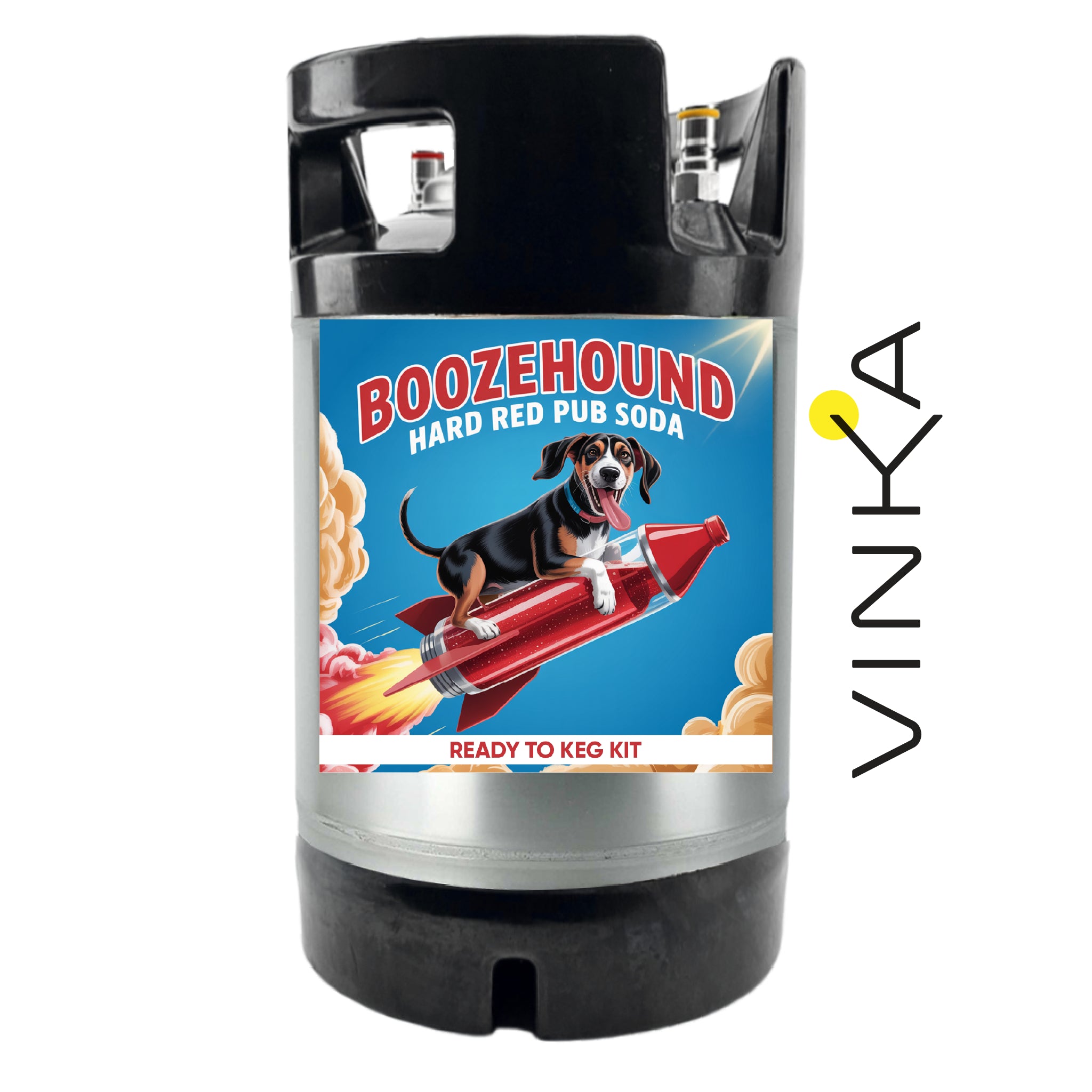 Boozehound hard red pub soda keg with Vinka branding on a white background
