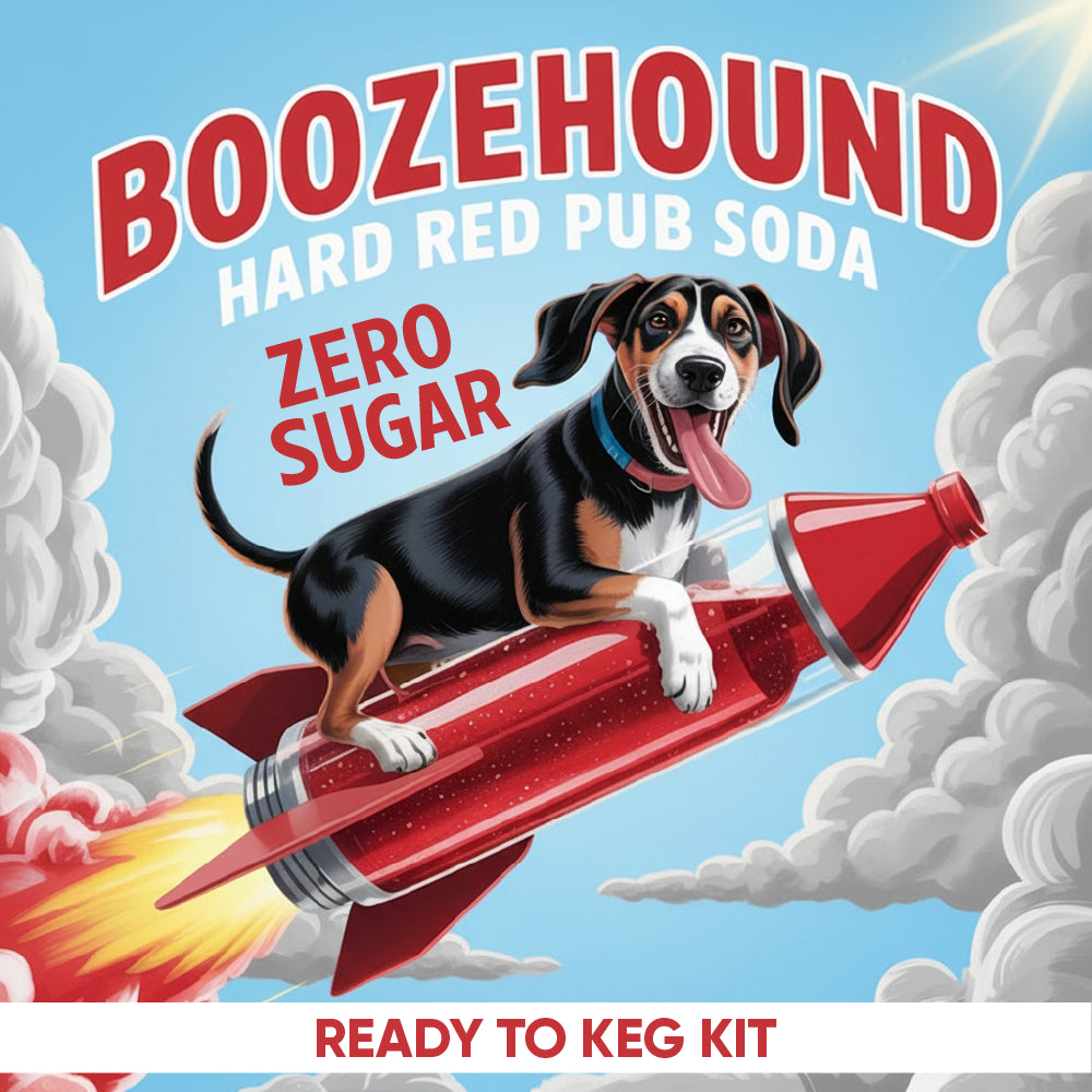 Dog on a rocket with 'Boozehound Hard Red Pub Soda' branding and text about a ready-to-keg kit.