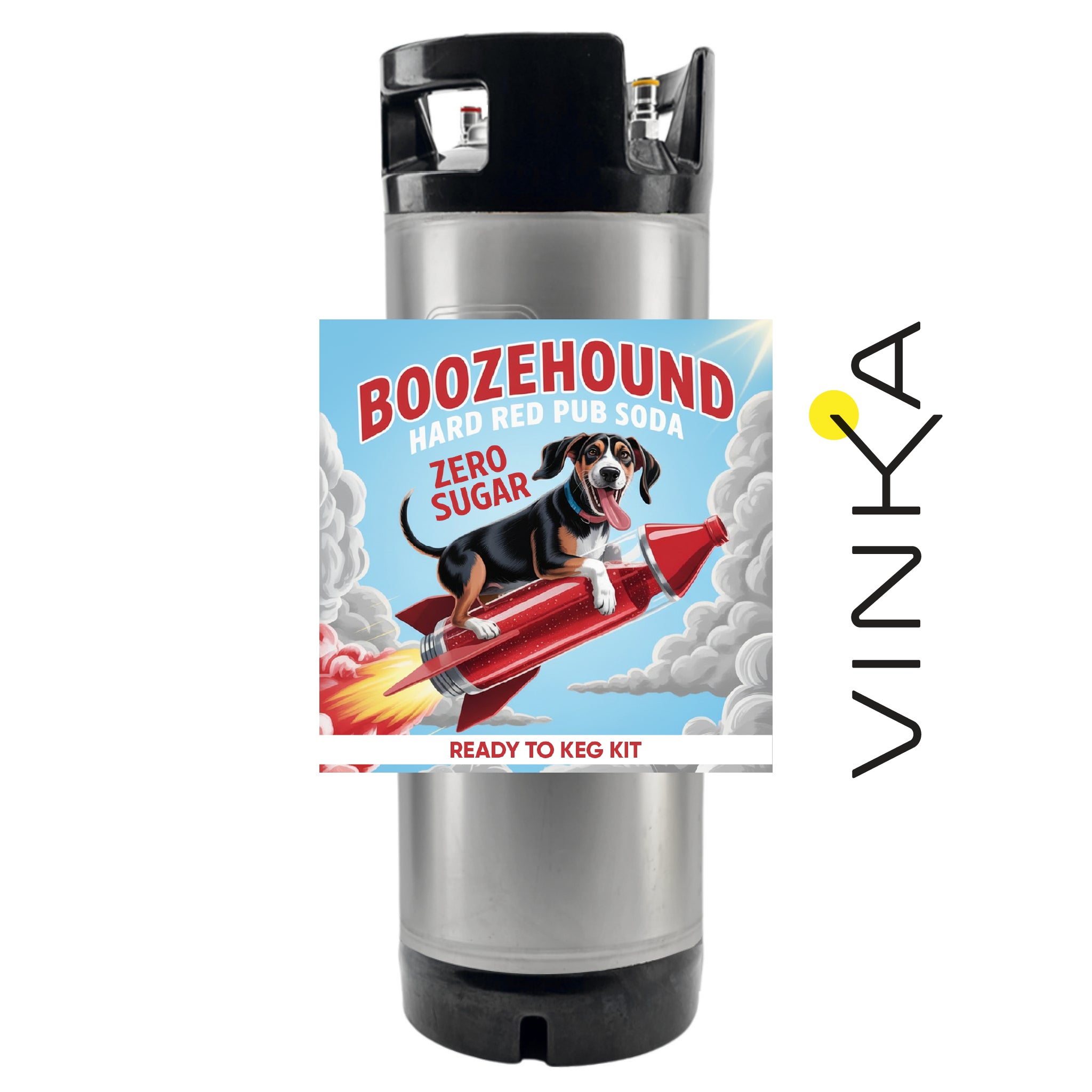 Boozehound hard red pub soda ready to keg kit with a dog on a rocket label, featuring the Vinka brand.