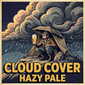 Illustration of a person with an umbrella and beer under a stormy sky with 'Cloud Cover Hazy Pale' text.