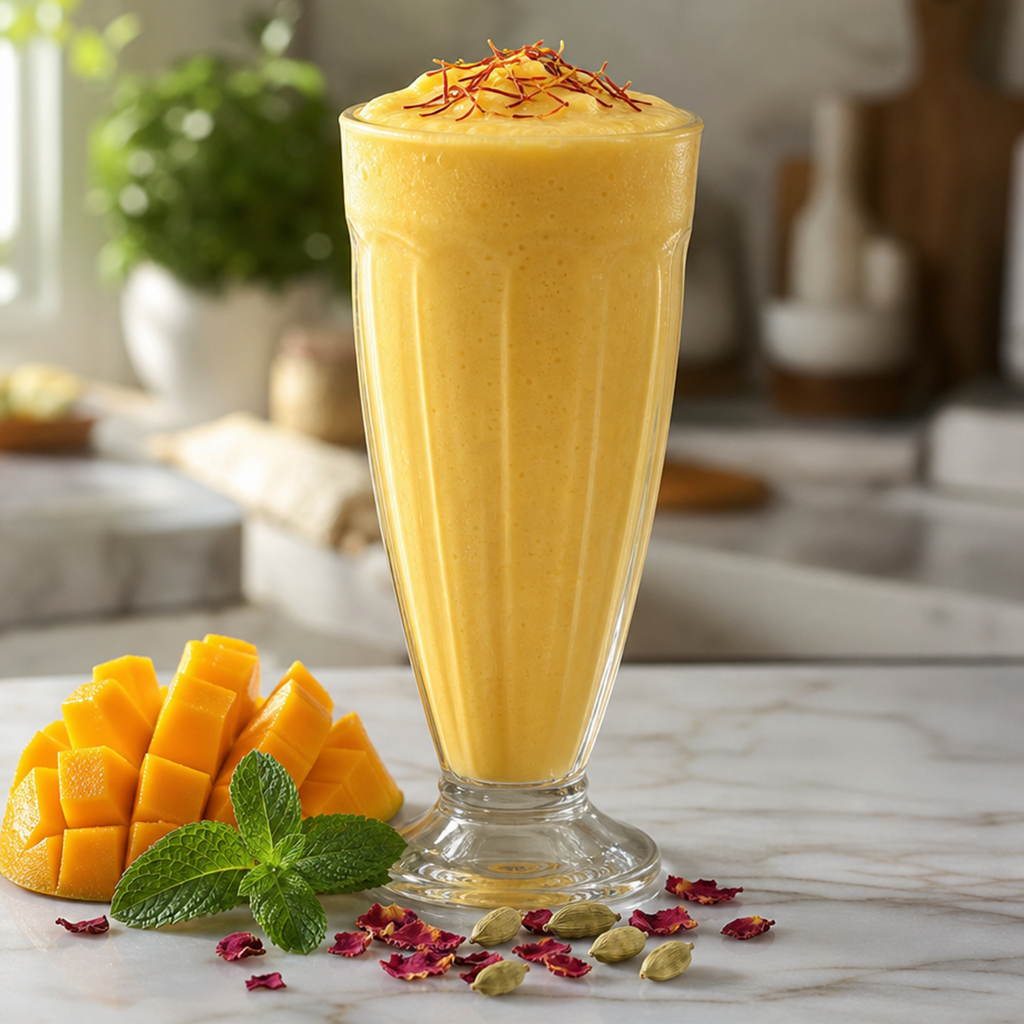 A tall clear glass filled with a creamy yellow mango smoothie, topped with a few red saffron threads, set on a light wood surface with fresh mango cubes, mint leaves, and dried rose petals around it.