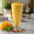 A tall clear glass filled with a creamy yellow mango smoothie, topped with a few red saffron threads, set on a light wood surface with fresh mango cubes, mint leaves, and dried rose petals around it.