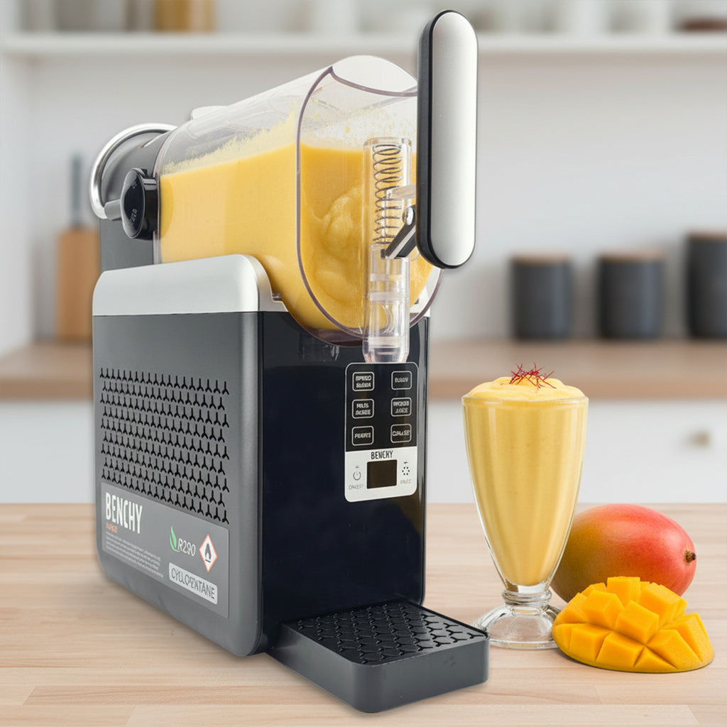 Benchy Slushy machine filled with Creamy Mango Lassi.